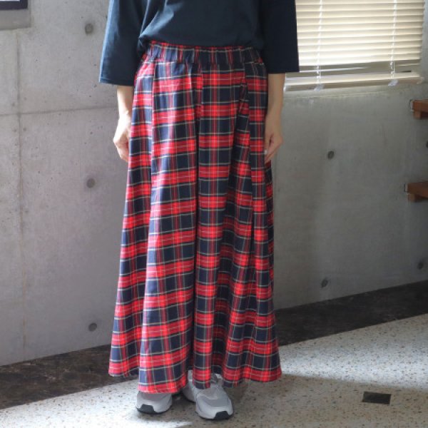 【ナルファクトリー 】ロングスカート チェック柄 ウール タックフレア 総ゴム ナルファクトリー 】ロングスカート チェック柄 ウール タックフレア