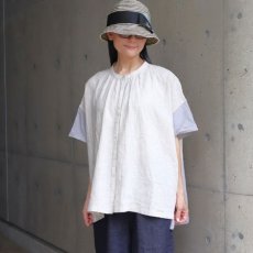 画像1: 【08Mab】ヨーロピアンリネン配色切り替えワイド前あきブラウス (1)