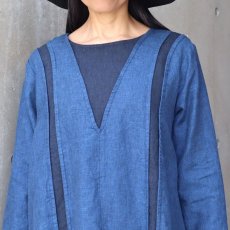 画像12: 20%OFF SALE 08Mab 9番手リネン配色パッカリングワンピース (12)